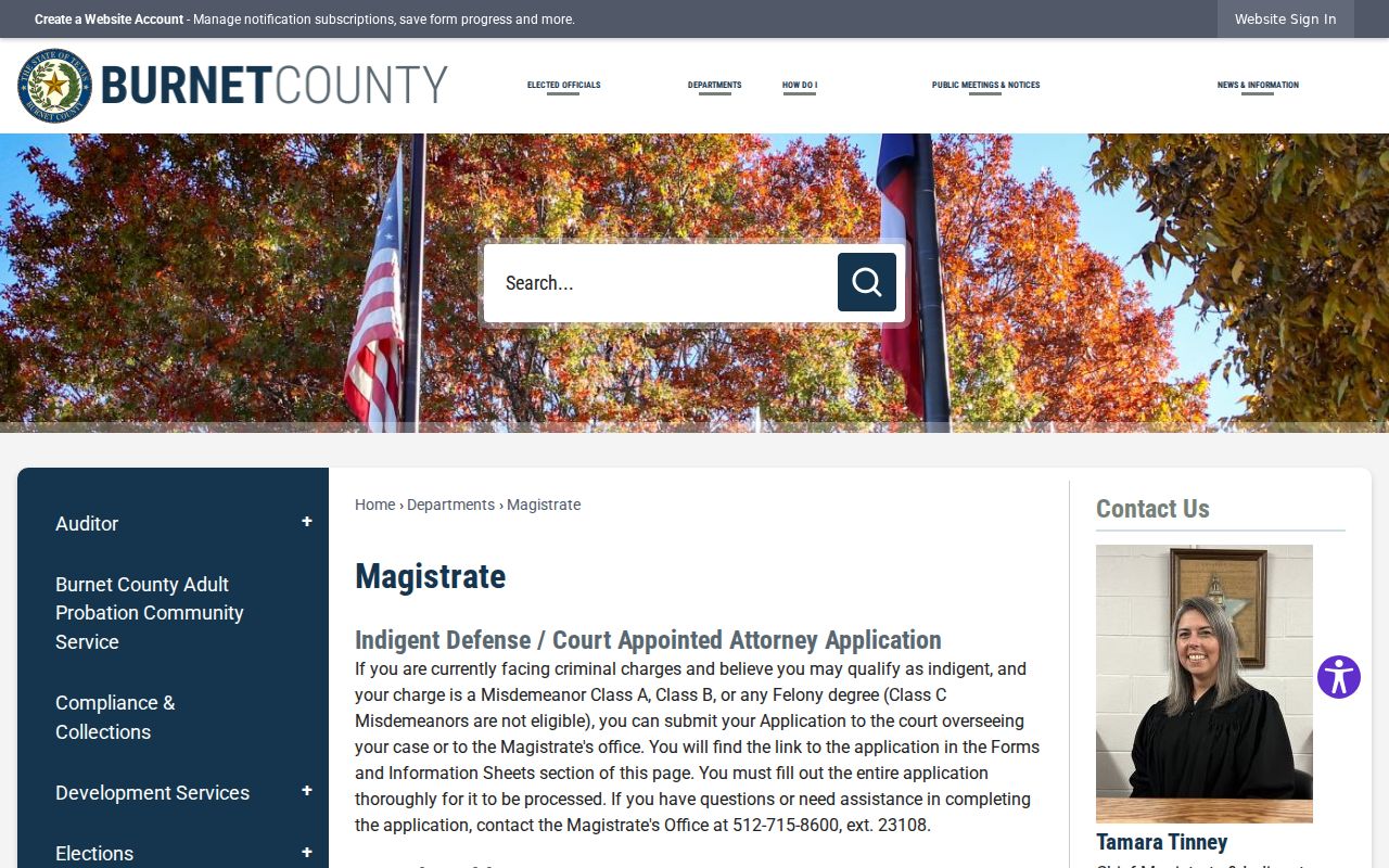 Burnet County Magistrate page listing Bertram Municipal Court contact details