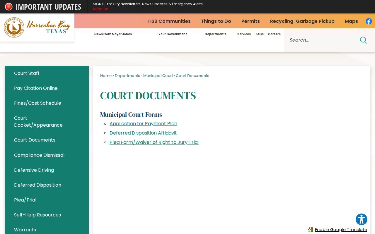 Horseshoe Bay Court Documents page listing municipal forms