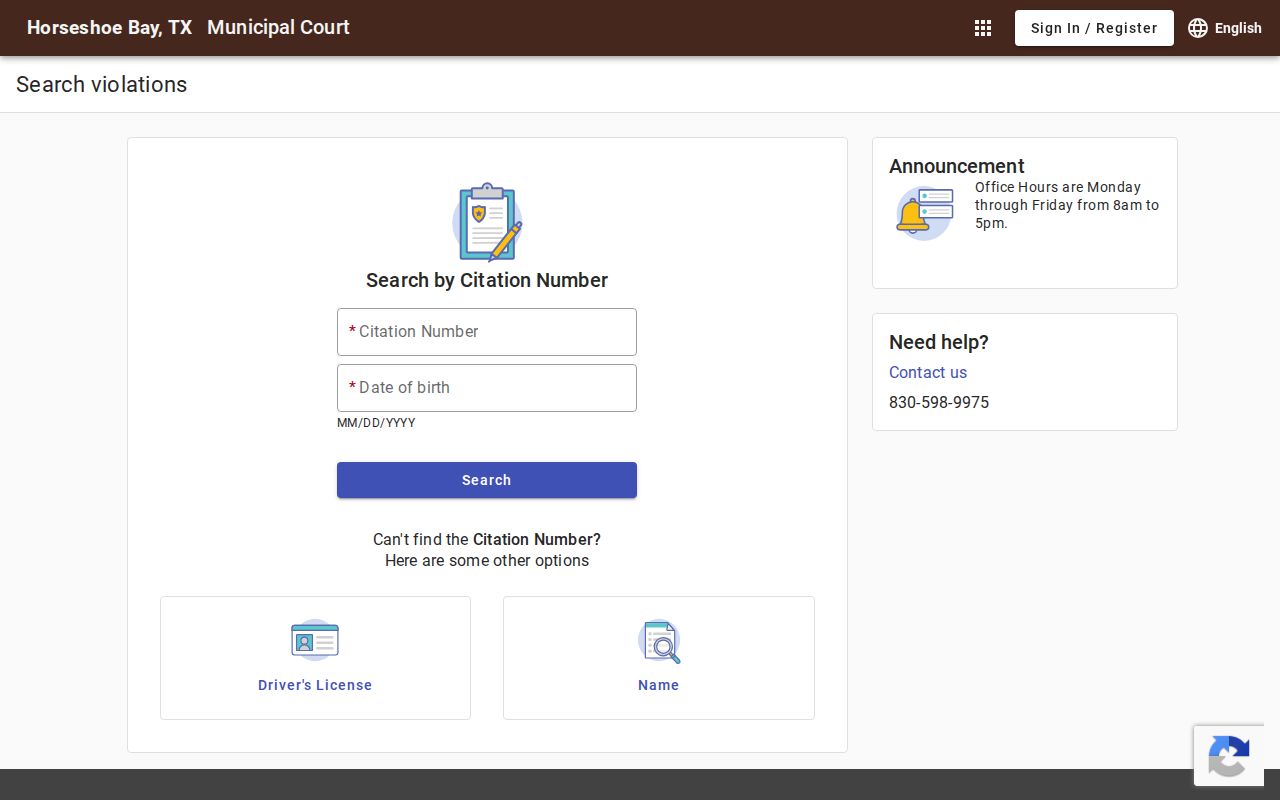 Blank Horseshoe Bay Municipal Online Services court search form